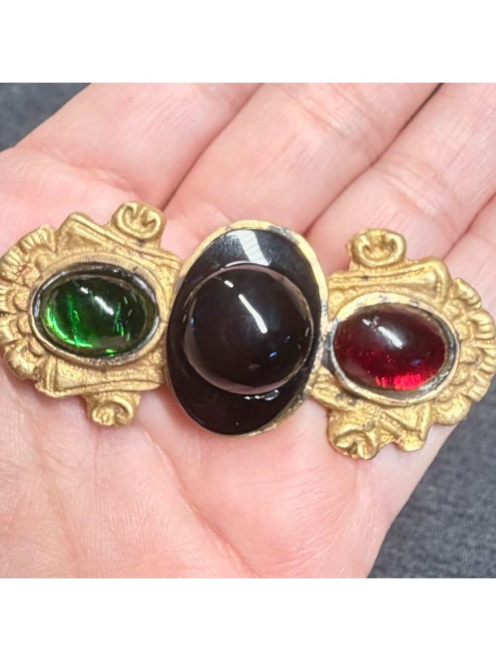 Brooch Gold Tone Red Green Black Cabochon Ornate Revival Style 2.5"